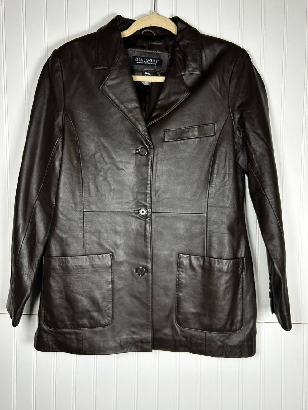 Dialogue brown genuine Leather Jacket Womens small Pockets Button Closures fall